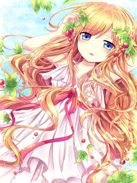 Anime picture 840x1120 with magi the labyrinth of magic a-1 pictures scheherazade (magi) rudia long hair tall image looking at viewer blush fringe open mouth blue eyes blonde hair bare shoulders sky mole mole under eye wavy hair arm behind head hand on head girl