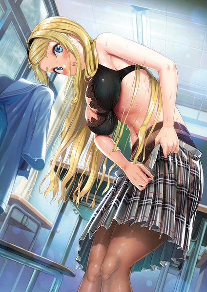 Anime picture 1357x1920 with original kichiroku single long hair tall image looking at viewer blush fringe breasts open mouth blue eyes light erotic blonde hair large breasts standing bare shoulders cleavage indoors pleated skirt scan