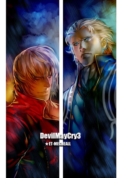 Anime picture 1000x1419 with devil may cry dante (devil may cry) vergil etmisa tall image short hair blue eyes blonde hair silver hair inscription multiview siblings brothers boy neckerchief