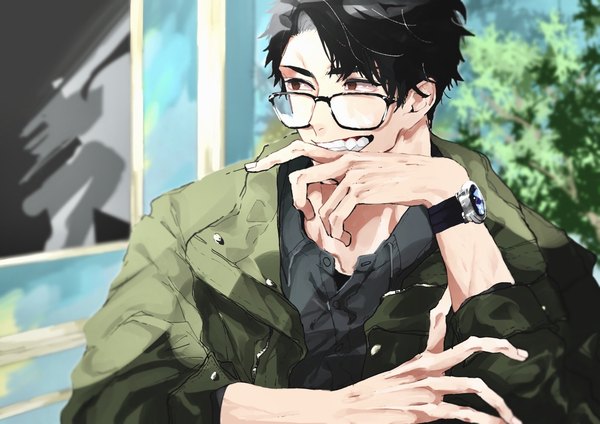 Anime picture 1414x1000 with original oo taka single short hair black hair smile red eyes looking away upper body outdoors grin turning head hand to mouth boy glasses jacket clock wristwatch