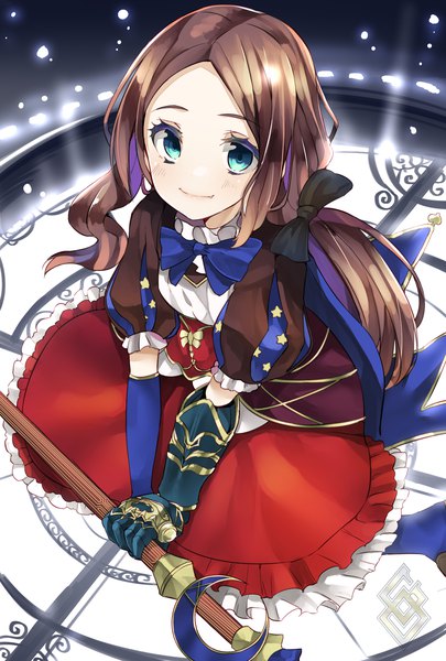 Anime picture 1378x2039 with fate (series) fate/grand order leonardo da vinci (fate) leonardo da vinci (rider) (fate) yunekoko single long hair tall image blue eyes smile brown hair sitting from above girl bow hair bow staff