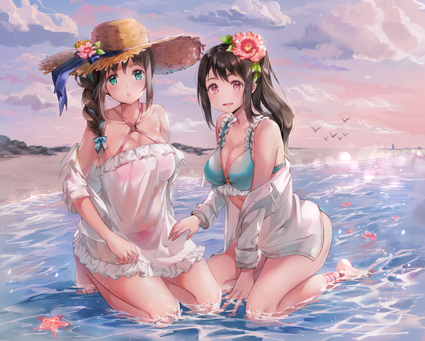 Anime-Bild 1500x1203 mit original cherim long hair blush fringe breasts open mouth light erotic black hair smile hair between eyes brown hair large breasts sitting bare shoulders multiple girls green eyes sky cleavage cloud (clouds)