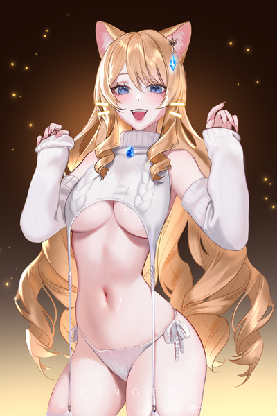 Anime picture 4483x6717 with genshin impact navia (genshin impact) ringeko-chan single long hair tall image looking at viewer blush fringe highres breasts open mouth blue eyes light erotic simple background blonde hair smile hair between eyes large breasts standing