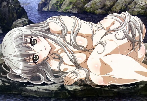 Anime picture 5938x4088 with yosuga no sora kasugano sora murayama kousuke blush highres light erotic smile absurdres white hair very long hair grey eyes water