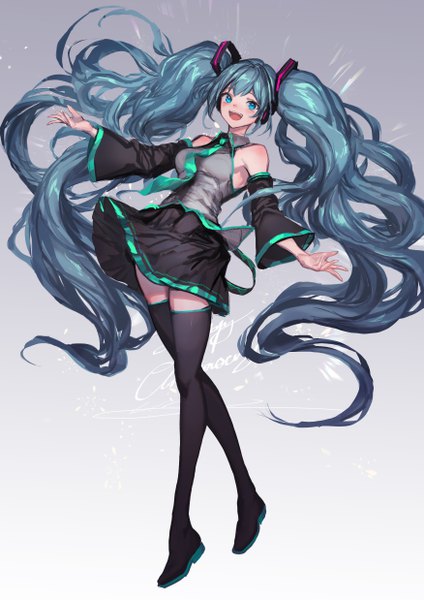 Anime picture 3500x4951 with vocaloid hatsune miku lm7 (op-center) single tall image looking at viewer blush fringe highres open mouth blue eyes simple background twintails bare shoulders absurdres full body very long hair aqua hair grey background zettai ryouiki