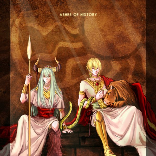 Anime picture 2000x1995 with fate (series) fate/strange fake type-moon gilgamesh (fate) enkidu (fate) long hair fringe highres short hair blonde hair sitting holding horn (horns) aqua hair muscle earrings animal boots bracelet armor
