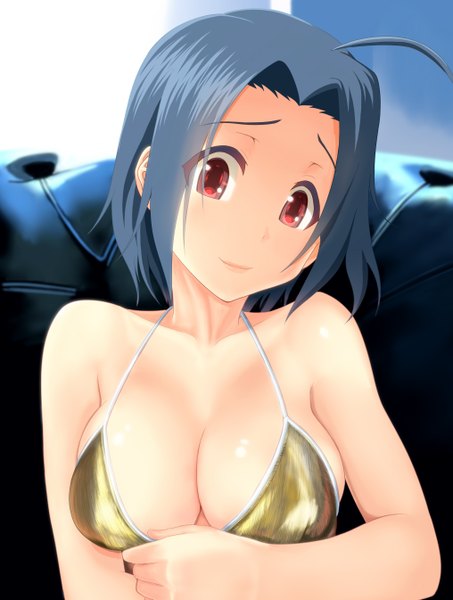 Anime picture 2032x2691 with idolmaster miura azusa taka (takahirokun) single tall image blush highres short hair breasts light erotic red eyes bare shoulders blue hair cleavage ahoge girl swimsuit bikini