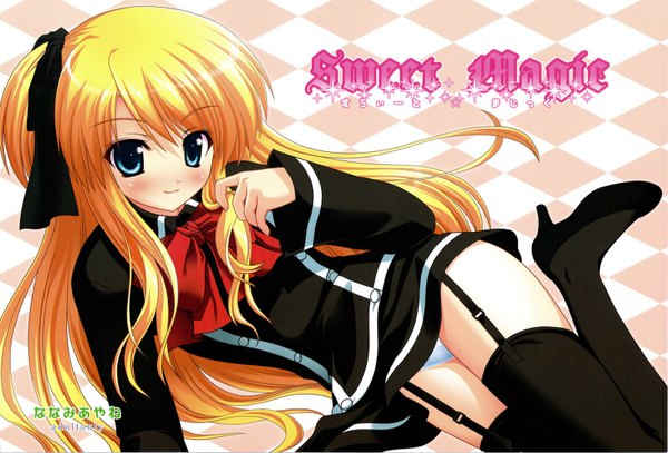 Anime picture 1600x1087 with quiz magic academy shalon single long hair looking at viewer blush fringe blue eyes light erotic blonde hair smile pantyshot side ponytail reclining checkered floor floor girl thighhighs underwear panties