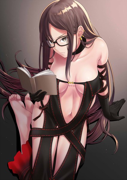 Anime picture 1157x1637 with fate (series) fate/grand order yu mei-ren (fate) zaregoto tsukai no deshi single tall image looking at viewer fringe breasts light erotic simple background brown hair large breasts sitting bare shoulders holding brown eyes payot cleavage full body