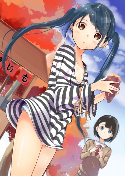 Anime picture 1756x2479 with original byte (allbyte) long hair tall image looking at viewer blush fringe highres short hair breasts black hair twintails multiple girls holding brown eyes blue hair cloud (clouds) outdoors long sleeves aqua eyes