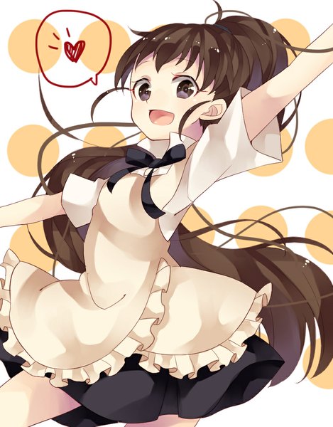 Anime picture 782x1000 with working!! a-1 pictures taneshima popura nuira single long hair tall image looking at viewer open mouth brown hair brown eyes ponytail spread arms polka dot waitress polka dot background girl apron speech bubble