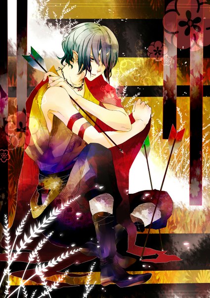 Anime picture 1116x1578 with original sanrindou tall image fringe short hair black hair japanese clothes multicolored hair horn (horns) pointy ears hair over one eye boy plant (plants) boots arrow (arrows)