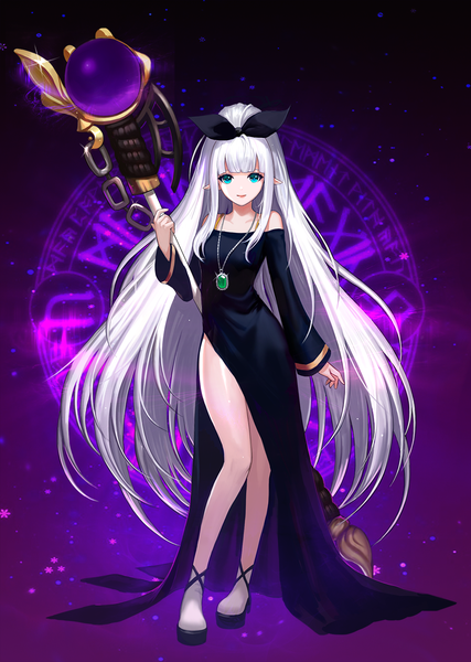 Anime picture 900x1263 with dungeon and fighter phonic single tall image looking at viewer fringe simple background smile standing bare shoulders holding payot white hair ponytail blunt bangs very long hair long sleeves aqua eyes pointy ears wide sleeves