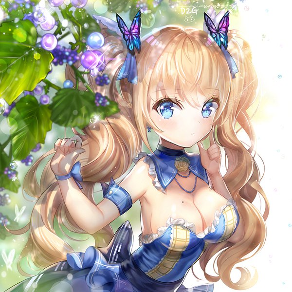 Anime picture 900x900 with original ttaji (pass35) single long hair blush fringe breasts blue eyes light erotic blonde hair hair between eyes large breasts twintails signed payot cleavage upper body mole sparkle lens flare