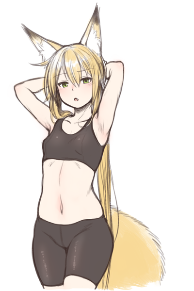 Anime picture 640x960 with original tamakagura inari yagi (ningen) single long hair tall image looking at viewer blush fringe light erotic simple background blonde hair hair between eyes white background green eyes animal ears tail parted lips animal tail arms up