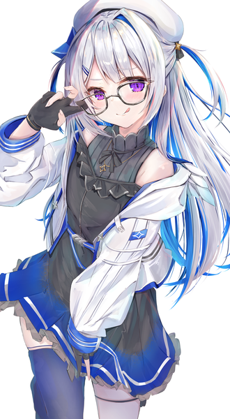 Anime picture 2447x4443 with virtual youtuber hololive amane kanata amane kanata (3rd costume) mihasu single long hair tall image looking at viewer highres purple eyes silver hair multicolored hair off shoulder two side up official alternate costume colored inner hair :q adjusting glasses bespectacled
