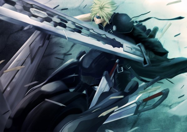Anime picture 2500x1767 with final fantasy vii advent children final fantasy final fantasy vii square enix cloud strife pochiharu single highres short hair blonde hair boy weapon sword sunglasses huge weapon motorcycle fenrir (vehicle)