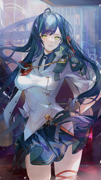 Anime picture 3240x5760 with tower of fantasy lin (tower of fantasy) utsuhostoria single long hair tall image looking at viewer fringe highres green eyes blue hair absurdres ahoge multicolored hair streaked hair girl earrings triangle earrings