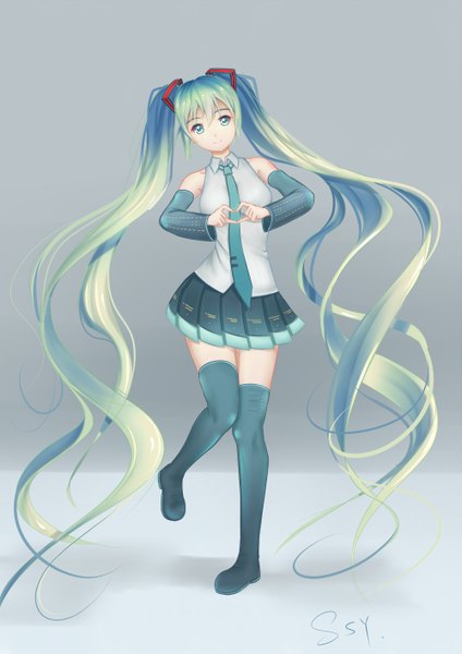 Anime picture 1000x1414 with vocaloid hatsune miku kr (sapphire) single tall image looking at viewer twintails very long hair aqua eyes aqua hair heart hands girl skirt detached sleeves miniskirt necktie boots thigh boots