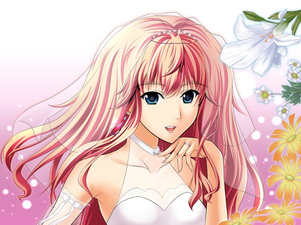 Anime picture 1919x1439 with macross macross frontier sheryl nome saxasa kisuk highres blue eyes blonde hair dress flower (flowers) earrings jewelry ring wedding dress veil