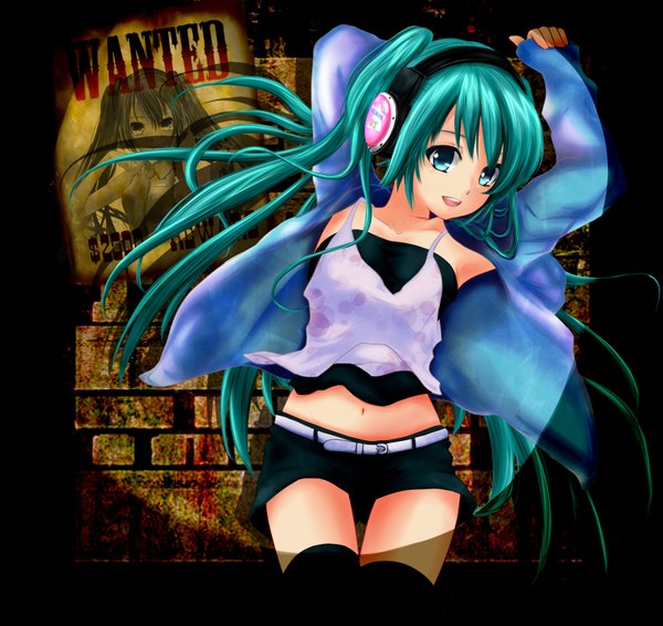 Anime picture 1800x1700 with vocaloid hatsune miku terun (artist) single long hair highres open mouth blue eyes twintails aqua hair open clothes open jacket midriff girl navel shorts headphones