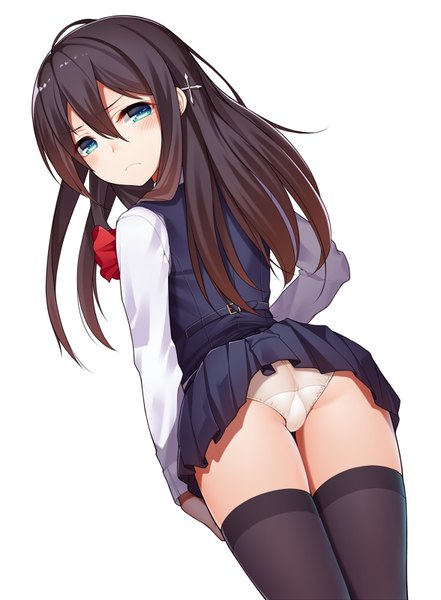 Anime picture 588x800 with original ray littlechamber ray-akila single long hair tall image looking at viewer blush blue eyes light erotic black hair simple background white background looking back skirt lift girl thighhighs skirt uniform underwear