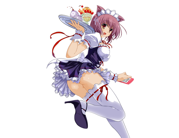 Anime picture 3500x2700 with tomose shunsaku highres short hair open mouth light erotic red eyes animal ears absurdres purple hair ass cat ears teeth maid fang (fangs) transparent background girl thighhighs white thighhighs headdress maid headdress
