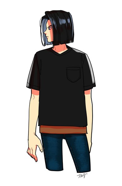 Anime picture 1552x2362 with dragon ball dragon ball z android 17 okada (hoooojicha) single tall image short hair blue eyes black hair simple background standing white background signed looking away profile alternate costume turning head casual boy jeans