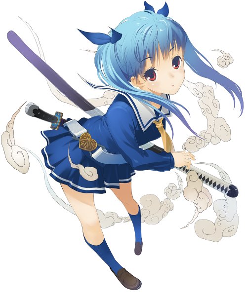 Anime picture 1000x1200 with original hirokiku single long hair tall image looking at viewer red eyes white background twintails blue hair girl skirt bow weapon hair bow sword socks katana