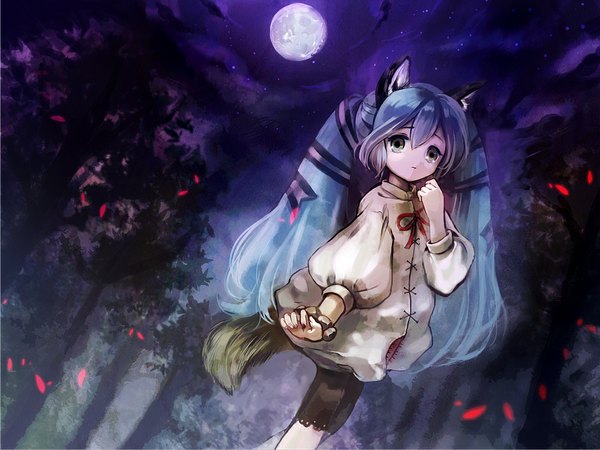 Anime picture 1024x768 with vocaloid hatsune miku amo single looking at viewer twintails animal ears blue hair night grey eyes dutch angle wolf ears wolf tail wolf girl girl ribbon (ribbons) plant (plants) hair ribbon tree (trees) full moon