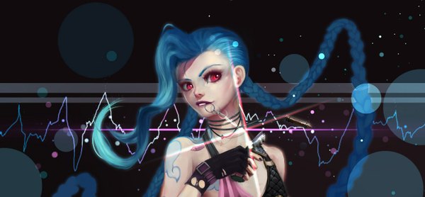 Anime picture 2800x1300 with league of legends jinx (league of legends) wifc single long hair highres red eyes wide image blue hair nail polish fingernails tattoo girl gloves weapon choker fingerless gloves grenade