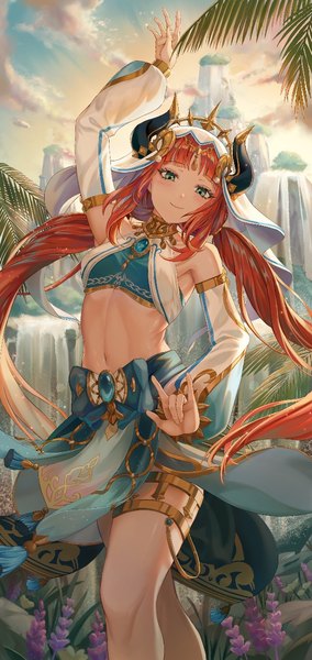 Anime picture 622x1316 with genshin impact nilou (genshin impact) kama (kama ovo) single long hair tall image looking at viewer fringe smile standing twintails sky cloud (clouds) red hair blunt bangs long sleeves arm up horn (horns) aqua eyes midriff