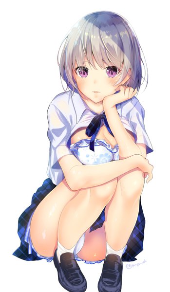 Anime picture 993x1705 with original yu yu single tall image looking at viewer short hair light erotic simple background white background sitting purple eyes silver hair full body parted lips sparkle shadow pantyshot plaid skirt pantyshot sitting chin rest