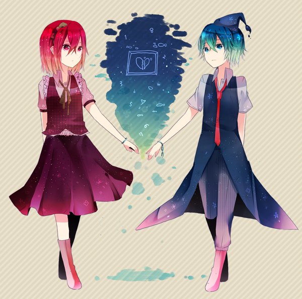 Anime picture 1665x1649 with itamidome blue eyes simple background pink eyes multicolored hair girl boy skirt ribbon (ribbons) hat necktie hairband