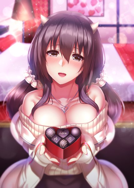 Anime picture 879x1228 with azur lane nagara (azur lane) ken ill single long hair tall image looking at viewer blush fringe breasts open mouth light erotic smile hair between eyes brown hair large breasts twintails bare shoulders holding brown eyes