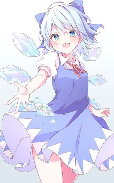 Anime picture 1000x1600 with touhou cirno nankotsu single tall image blush short hair open mouth blue eyes simple background blue hair ahoge :d puffy sleeves gradient background girl dress bow hair bow wings