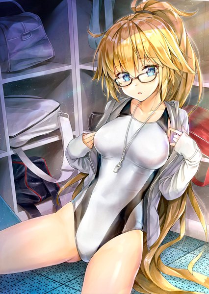 Anime picture 800x1127 with fate (series) fate/grand order jeanne d'arc (fate) (all) jeanne d'arc (swimsuit archer) kotatsu (kotatsu358) single long hair tall image looking at viewer blush fringe breasts open mouth blue eyes light erotic blonde hair hair between eyes sitting payot ponytail