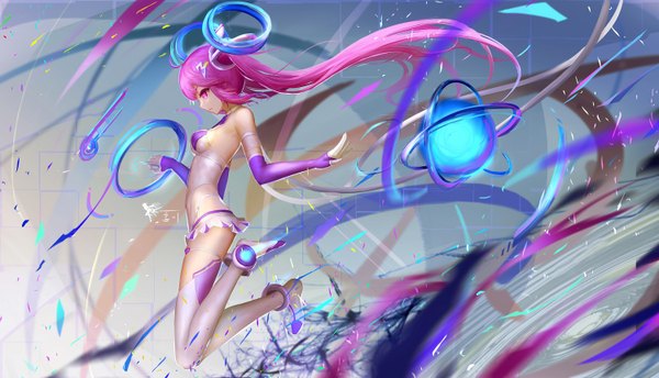 Anime picture 1500x860 with original wangchuan de quanyan single fringe breasts light erotic wide image twintails bare shoulders signed payot pink hair bent knee (knees) very long hair profile pink eyes open clothes magic glowing looking down