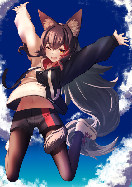 Anime-Bild 2894x4093 mit virtual youtuber hololive ookami mio ookami mio (3rd costume) inaba teitoku single long hair tall image fringe highres open mouth black hair hair between eyes animal ears sky cloud (clouds) full body arms up orange eyes official alternate costume