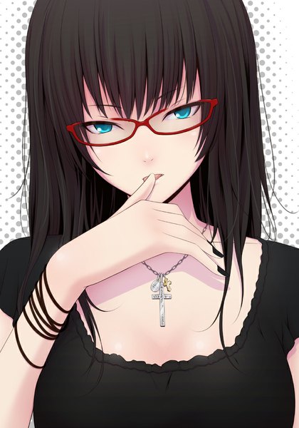 Anime picture 700x1000 with original shou (mamoru) single long hair tall image looking at viewer blue eyes black hair finger to mouth girl glasses cross cross necklace