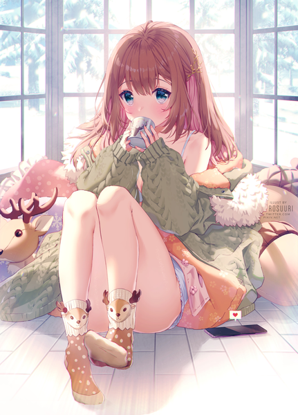 Anime picture 1000x1393 with original rosuuri single long hair tall image looking at viewer blush fringe breasts blue eyes light erotic hair between eyes brown hair sitting holding signed full body bent knee (knees) indoors multicolored hair