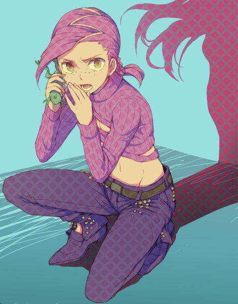Anime picture 820x1050 with jojo no kimyou na bouken vinegar doppio 0aoiurn0 single long hair tall image open mouth brown eyes looking away pink hair full body shadow midriff squat freckles talking boy turtleneck frog open-chest turtleneck