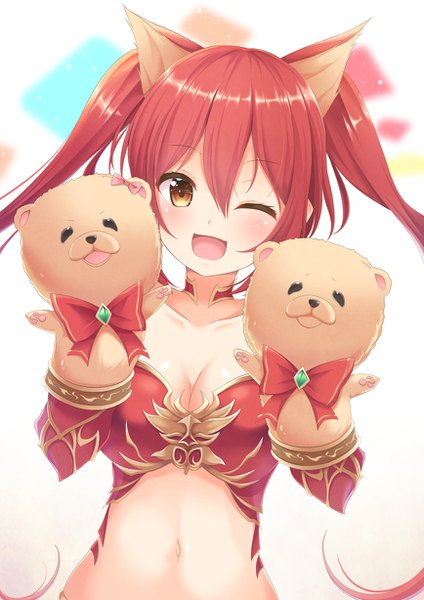 Anime picture 868x1228 with shingeki no bahamut cerberus (shingeki no bahamut) aibumi single tall image looking at viewer blush fringe open mouth hair between eyes twintails brown eyes animal ears red hair one eye closed wink ;d dog ears girl navel