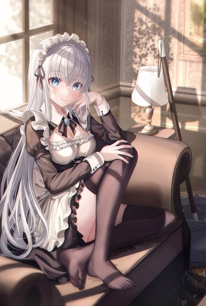 Anime picture 3762x5600 with original funii single long hair tall image looking at viewer blush fringe highres breasts blue eyes sitting absurdres cleavage silver hair bent knee (knees) indoors long sleeves nail polish fingernails