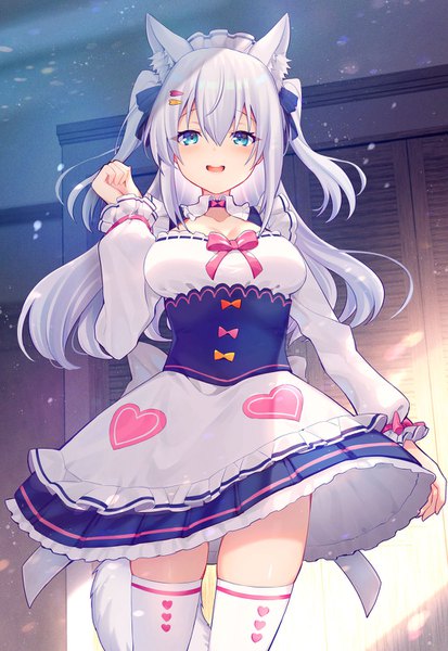 Anime picture 1034x1500 with virtual youtuber noripro shirayuki mishiro okanoyuno single long hair tall image looking at viewer fringe blue eyes hair between eyes animal ears silver hair tail animal tail from below two side up girl thighhighs white thighhighs