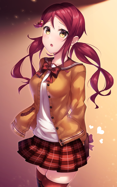 Anime picture 1105x1761 with love live! sunshine!! sunrise (studio) love live! sakurauchi riko kyouou ena single long hair tall image looking at viewer blush fringe open mouth hair between eyes standing twintails yellow eyes payot red hair pleated skirt :o