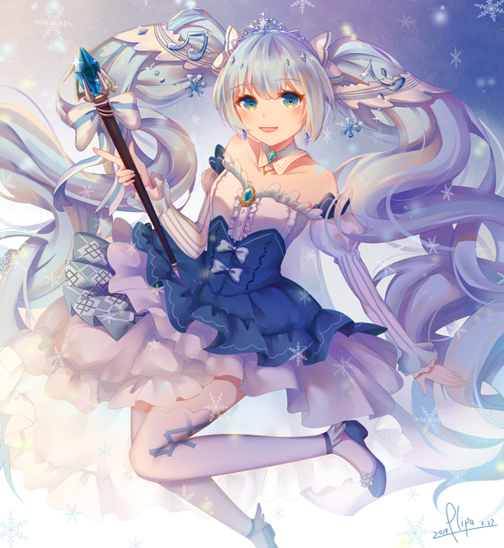 Anime picture 2300x2500 with vocaloid hatsune miku yuki miku yuki miku (2019) plipa single tall image looking at viewer blush fringe highres open mouth blue eyes twintails bare shoulders holding signed payot blue hair full body