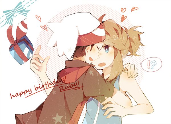 Anime picture 1000x727 with pokemon nintendo may (pokemon) ruby (pokemon) fuuko (2679566944) long hair short hair open mouth blue eyes brown hair white background bare shoulders eyes closed profile inscription hug happy birthday girl boy gift