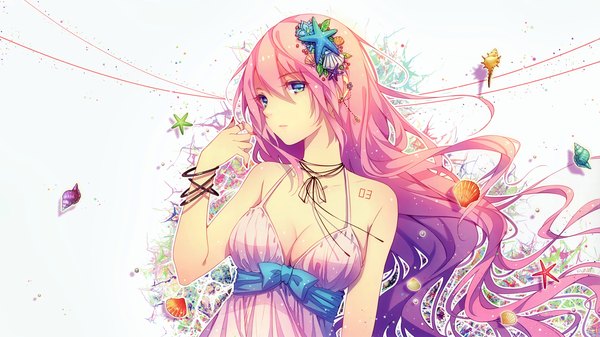 Anime-Bild 4200x2360 mit vocaloid megurine luka tidsean single fringe highres breasts blue eyes wide image large breasts white background yellow eyes pink hair absurdres cleavage very long hair nail polish parted lips profile fingernails