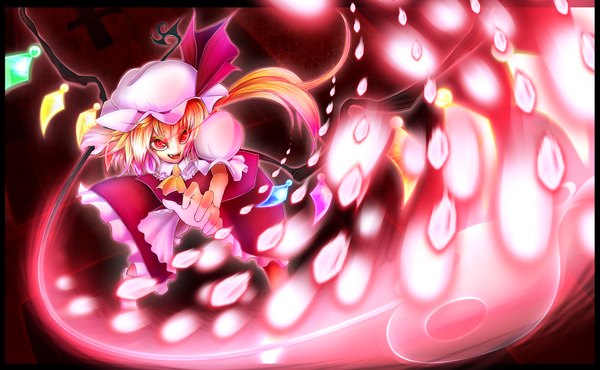 Anime picture 1475x911 with touhou flandre scarlet teko single long hair open mouth blonde hair red eyes wide image magic girl dress wings crystal